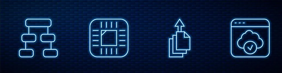 Set line Data export, Hierarchy organogram chart, Processor with CPU and Cloud Stock Illustration