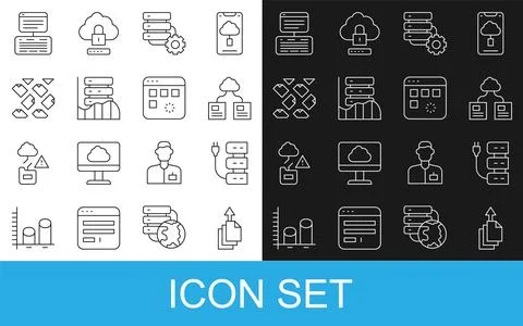 Set line Data export, Server, Cloud technology data transfer, and gear, Dat.. Stock Illustration