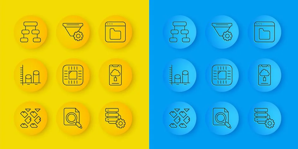Set line Data stream, analysis, Processor with CPU, Server and gear, Cloud Stock Illustration