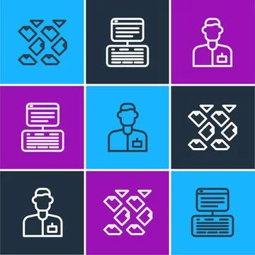 Set line Data stream, Analyst engineer and Server, Data, Web Hosting icon Stock Illustration