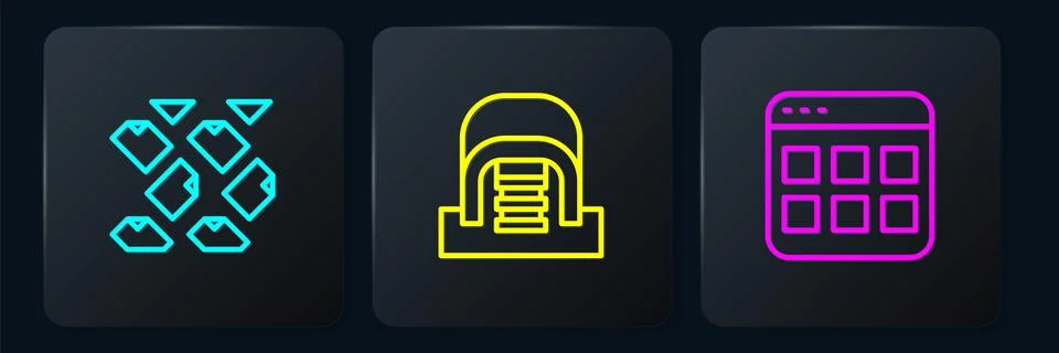 Set line Data stream, Browser files and Hangar with servers. Black square button Illustrazione stock