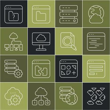 Set line Data stream, Browser window, Software, Server, Data, Web Hosting, .. Illustrazione stock