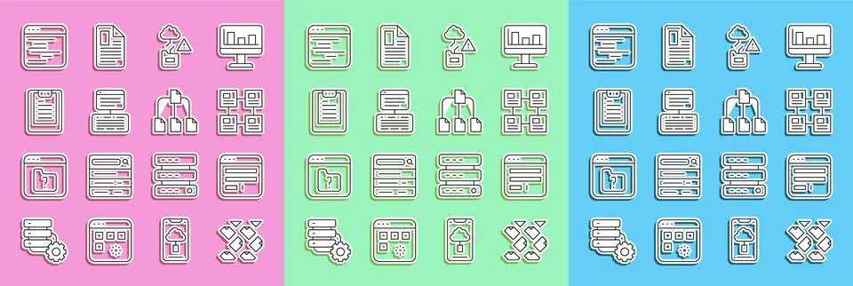 Set line Data stream Browser window Hierarchy organogram chart Cloud technolo Stock Illustration