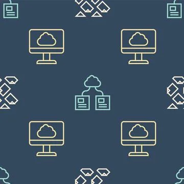 Set line Data stream, Cloud technology data transfer and on seamless pattern Illustrazione stock