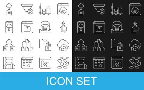 Set line Data stream, Cloud technology data transfer, export, analysis, File Stock Illustration