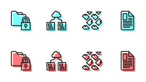 Set line Data stream, Folder and lock, Cloud technology data transfer and File イラスト素材