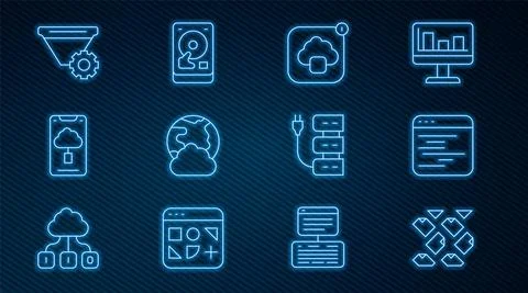 Set line Data stream, Software, Cloud technology data transfer, Social network Stock Illustration