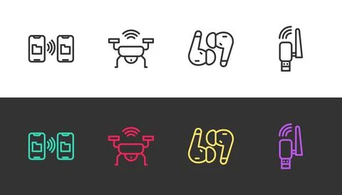 Set line Data transfer and storage, Smart drone system, Air headphones and Usb Stock Illustration