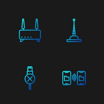 Set line Data transfer and storage, No usb cable cord, Router wi-fi signal and Stock Illustration
