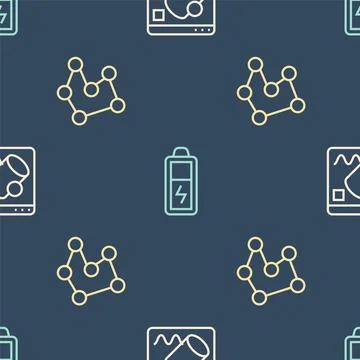 Set line Data visualisation, Chemical formula and Battery on seamless pattern Stock Illustration