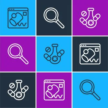 Set line Data visualisation, Medicine pill and Magnifying glass icon. Vector Illustrazione stock