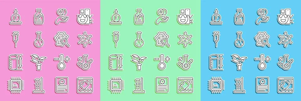 Set line Data visualisation, Medicine pill, Virus, Atom, Test tube, Syringe.. Illustrazione stock