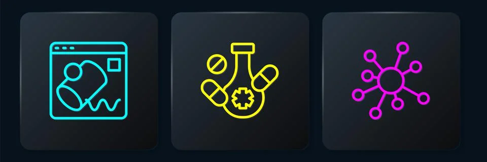 Set line Data visualisation, Molecule and Medicine pill. Black square button Illustrazione stock