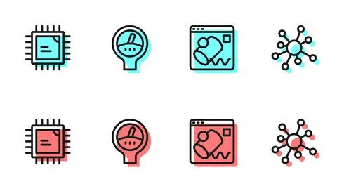 Set line Data visualisation, Processor CPU, Gauge scale and Molecule icon Illustrazione stock