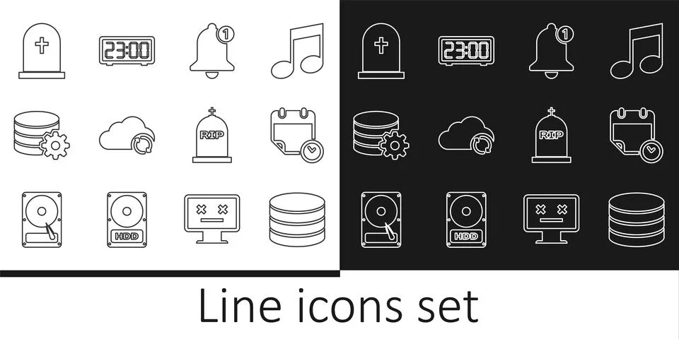 Set line Database, Calendar and clock, Bell, Cloud sync refresh, Setting data Stock Illustration