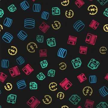 Set line Database, Calendar, Clock 24 hours and Floppy disk on seamless pattern 스톡 일러스트