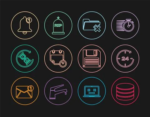 Set line Database, Clock 24 hours, Delete folder, Calendar and clock, Waiting Stock Illustration