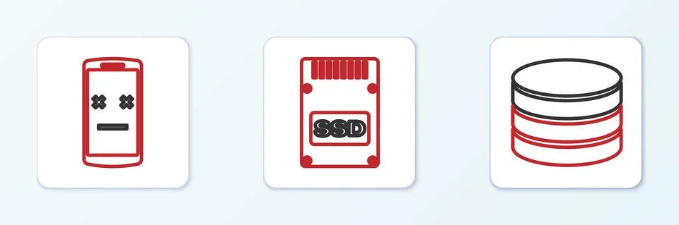 Set line Database, Dead mobile and SSD card icon. Vector Illustrazione stock