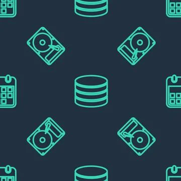 Set line Database, Hard disk drive HDD and Calendar on seamless pattern. Vect イラスト素材