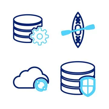Set line Database protection, Cloud sync refresh, Kayak and paddle and Setting Illustrazione stock