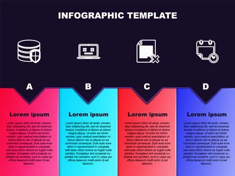Set line Database protection, Dead laptop, Delete file document and Calendar and 스톡 일러스트