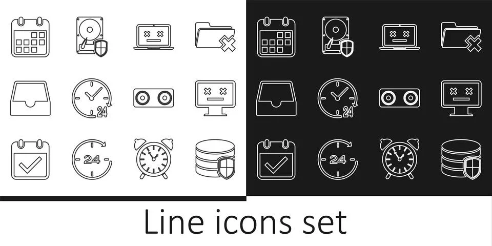 Set line Database protection, Dead monitor, laptop, Clock 24 hours, Social .. イラスト素材