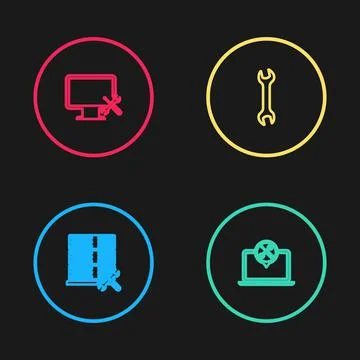 Set line Database server service, Laptop, Wrench and Computer monitor icon Stock Illustration