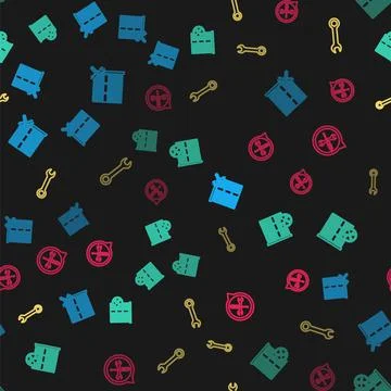 Set line Database server service, , Wrench and Location on seamless pattern Stock Illustration