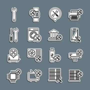 Set line Database server service, Air conditioner, Smartphone, Location, Washer イラスト素材
