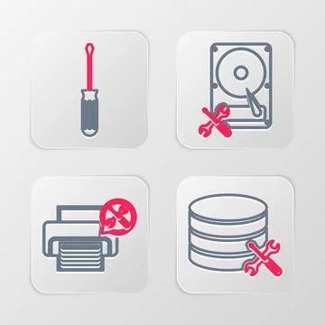 Set line Database server service, Printer, Hard disk drive and Screwdriver icon Stock Illustration