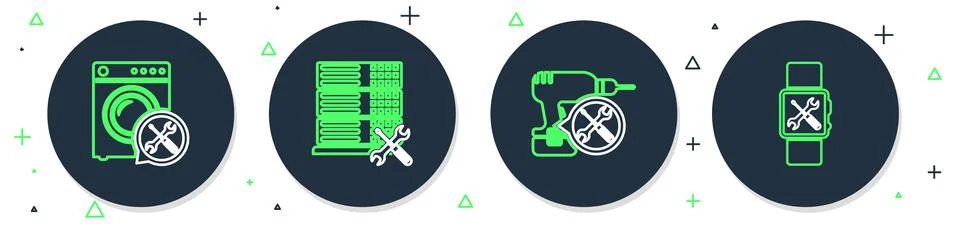 Set line Database server service, Drill machine, Washer and Smartwatch icon Illustrazione stock