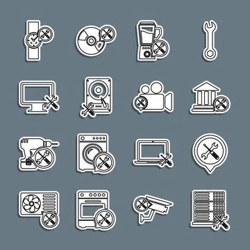 Set line Database server service, Location, Bank building, Blender, Hard disk Stockillustratie
