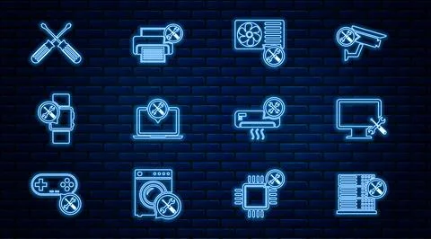 Set line Database server service, Computer monitor, Air conditioner, Laptop Illustrazione stock