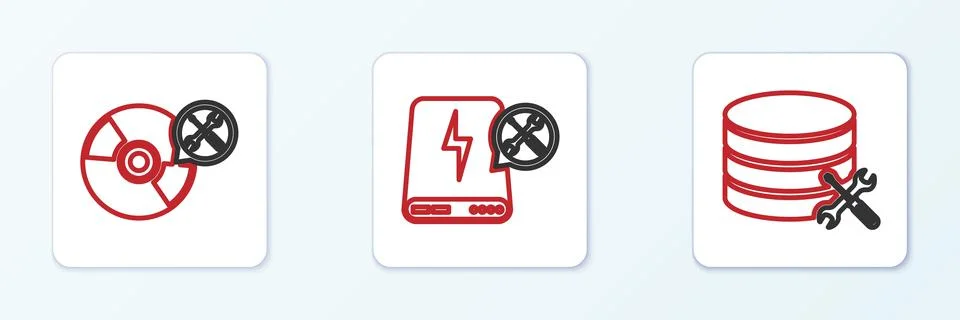 Set line Database server service, CD or DVD disk and Power bank icon. Vector Illustrazione stock
