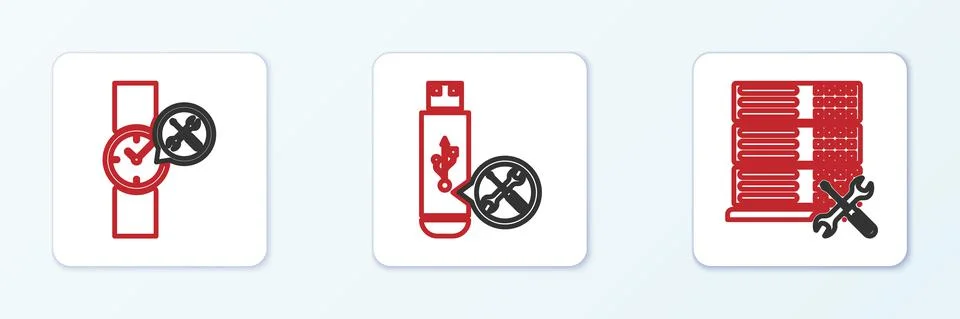 Set line Database server service, Wrist watch and USB flash drive icon. Vector Stock Illustration