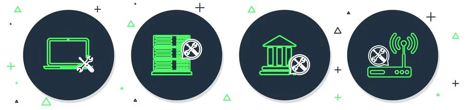 Set line Database server service, Bank building, Laptop and Router wi-fi icon Stock Illustration
