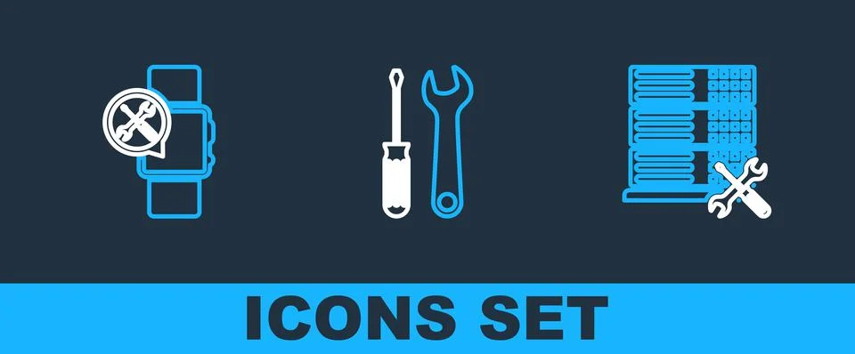 Set line Database server service, Smartwatch and Screwdriver and wrench icon. Illustrazione stock