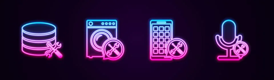 Set line Database server service, Washer, Mobile Apps and Microphone. Glowing 스톡 일러스트
