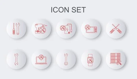 Set line Database server service, Wrench, Power bank, Smartwatch, Screwdriver Illustrazione stock