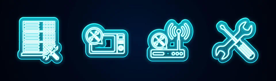 Set line Database server service, Microwave oven, Router wi-fi and Crossed sc Stock Illustration