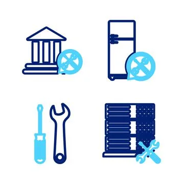 Set line Database server service, Screwdriver and wrench, Refrigerator and Ba Stock Illustration