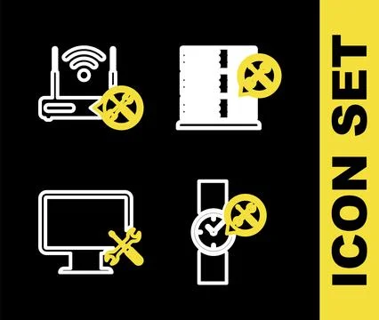 Set line Database server service, Wrist watch, Computer monitor and Router wi-fi Illustrazione stock