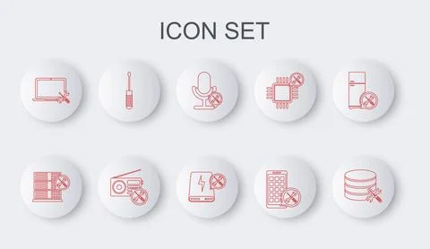Set line Database server service, Microphone, Mobile Apps, Laptop, Screwdriver Stock Illustration