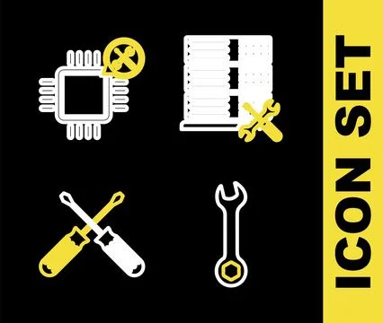 Set line Database server service, Wrench, Crossed screwdrivers and Processor 스톡 일러스트