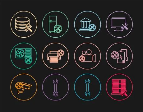 Set line Database server service, Power bank, Bank building, Printer, Air Stock Illustration
