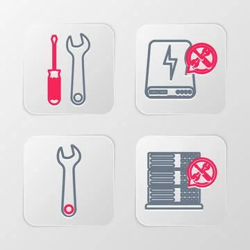 Set line Database server service Wrench Power bank and Screwdriver and wrench 스톡 일러스트