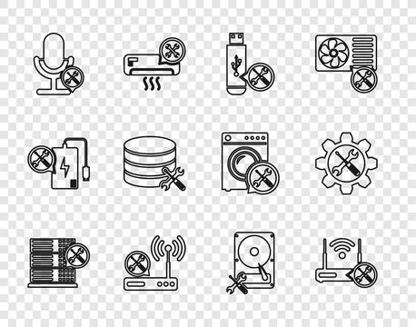 Set line Database server service, Router wi-fi with, USB flash drive, Micro.. Stock Illustration