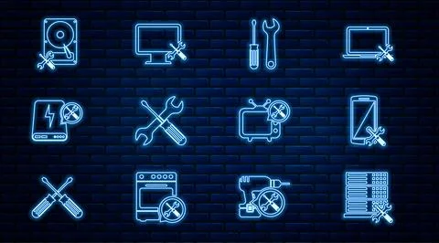 Set line Database server service, Smartphone, Screwdriver and wrench, Cross.. イラスト素材