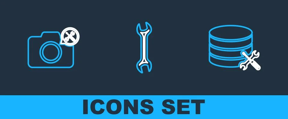 Set line Database server service, Photo camera and Wrench icon. Vector Illustrazione stock