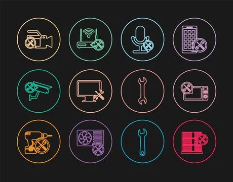 Set line Database server service, Microwave oven, Microphone, Computer moni.. 스톡 일러스트